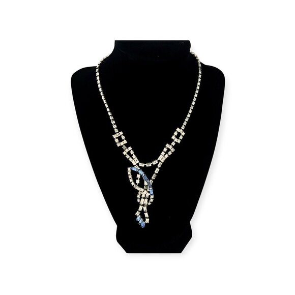 Mid-Century Vintage Rhinestone Necklace,  Blue Accents – Art Deco Revival Style - Picture 1 of 9